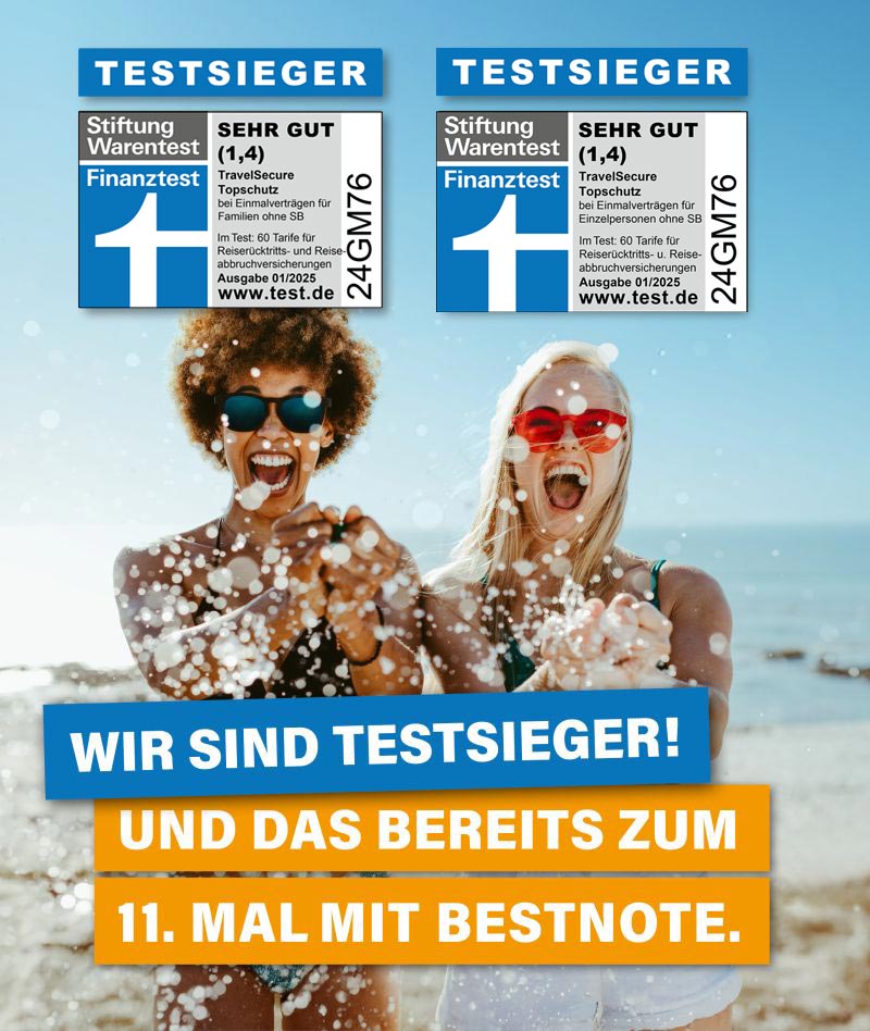 Testsieger Finanztest 2025 TravelSecure Reiserücktrittsversicherung