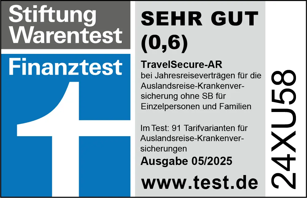 Siegel Finanztest: TravelSecure: Note „SEHR GUT“ Auslandskrankenversicherungen 2025 