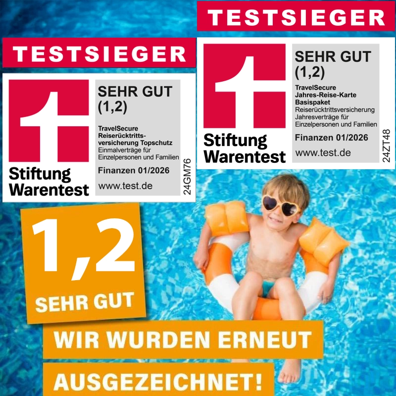 Unsere von Finanztest 01/2026 geprüften und ausgezeichneten Reiserücktritts-, Reiseabbruch- und Jahresreiseversicherungen